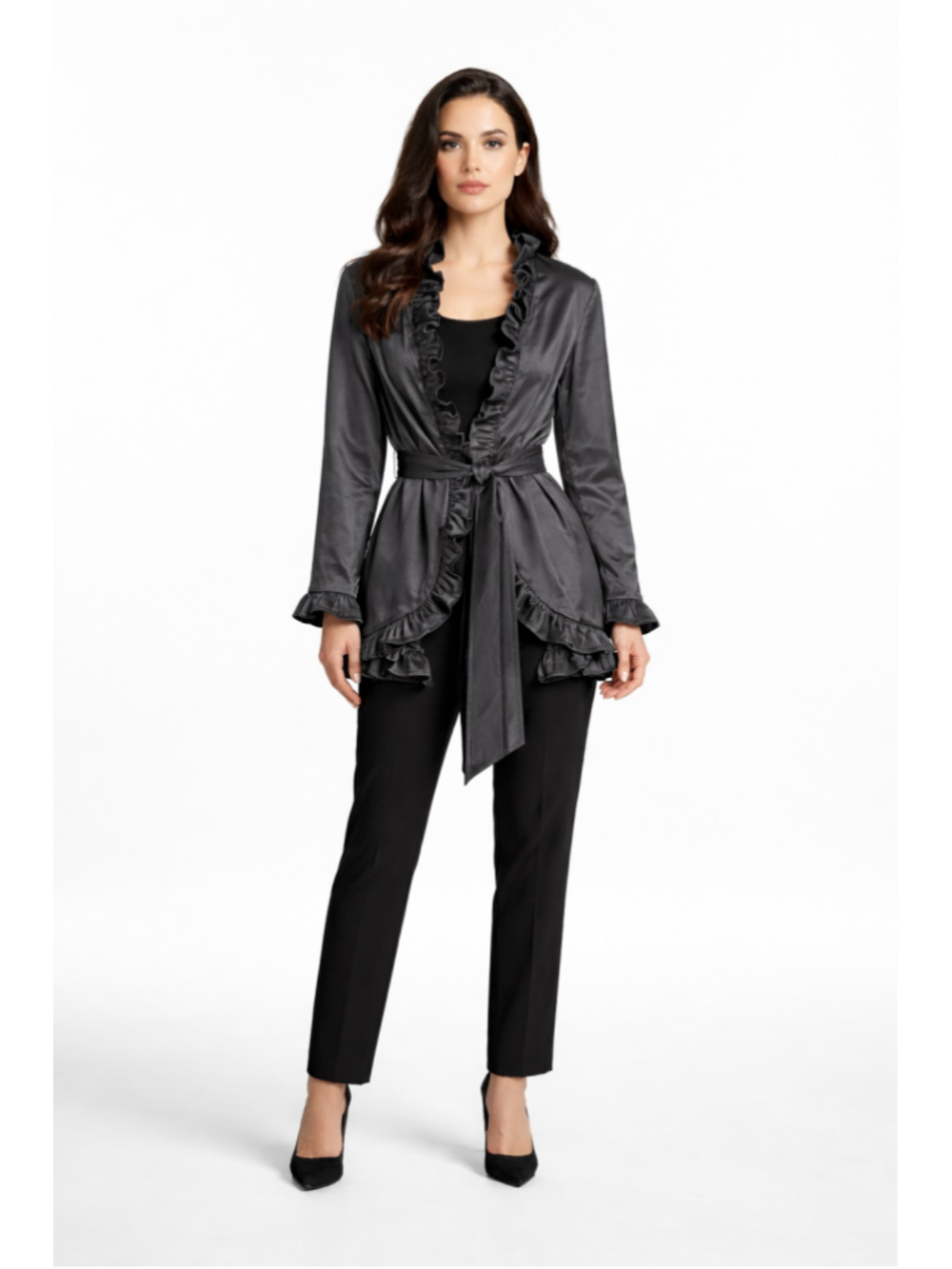 Joseph Ribkoff Black Ruffle Front Jacket Peplum Statement Stretch US 8